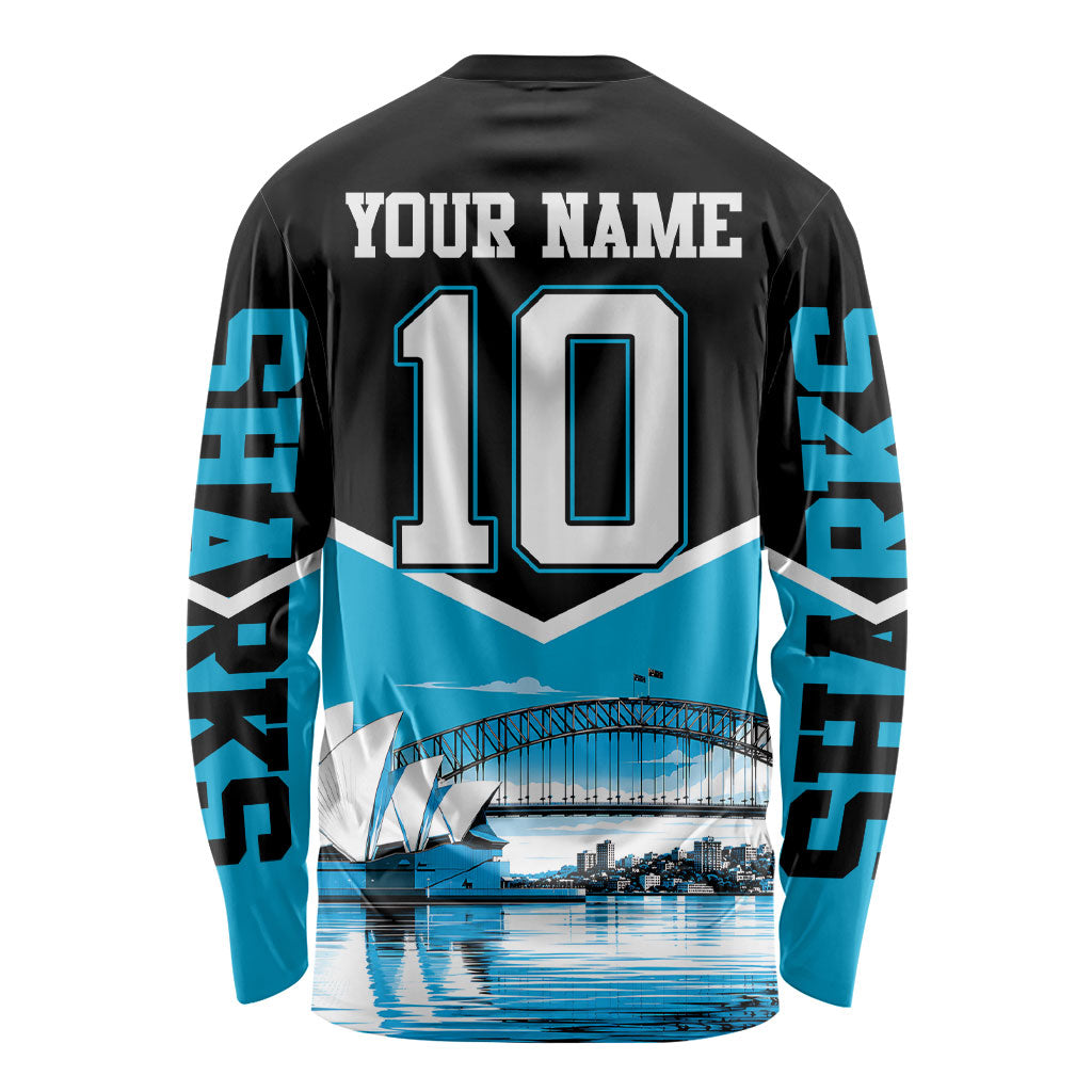 Personalised Sydney Sharks Rugby Long Sleeve Shirt Muscular Mascot Harbour Bridge Skyline Graphic