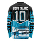 Personalised Sydney Sharks Rugby Long Sleeve Shirt Muscular Mascot Harbour Bridge Skyline Graphic