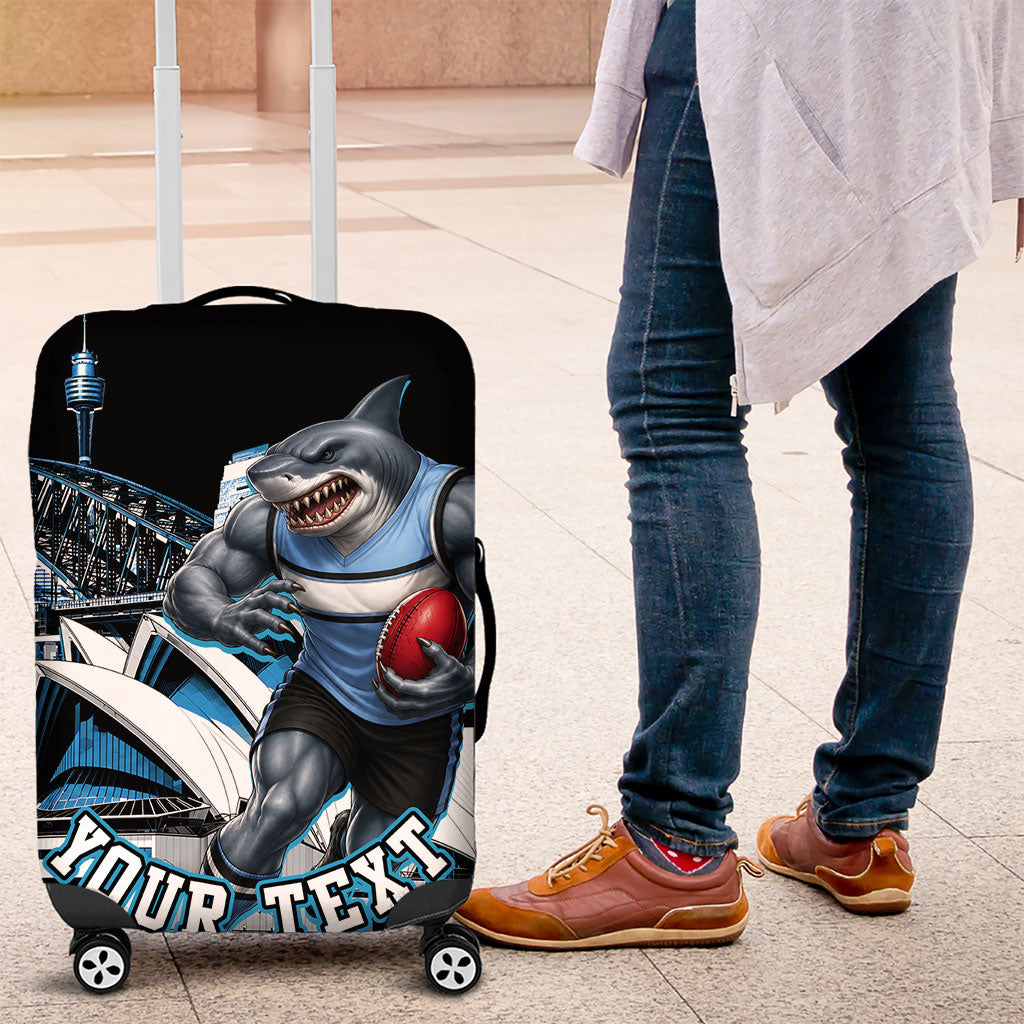 Personalised Sydney Sharks Rugby Luggage Cover Muscular Mascot Harbour Bridge Skyline Graphic