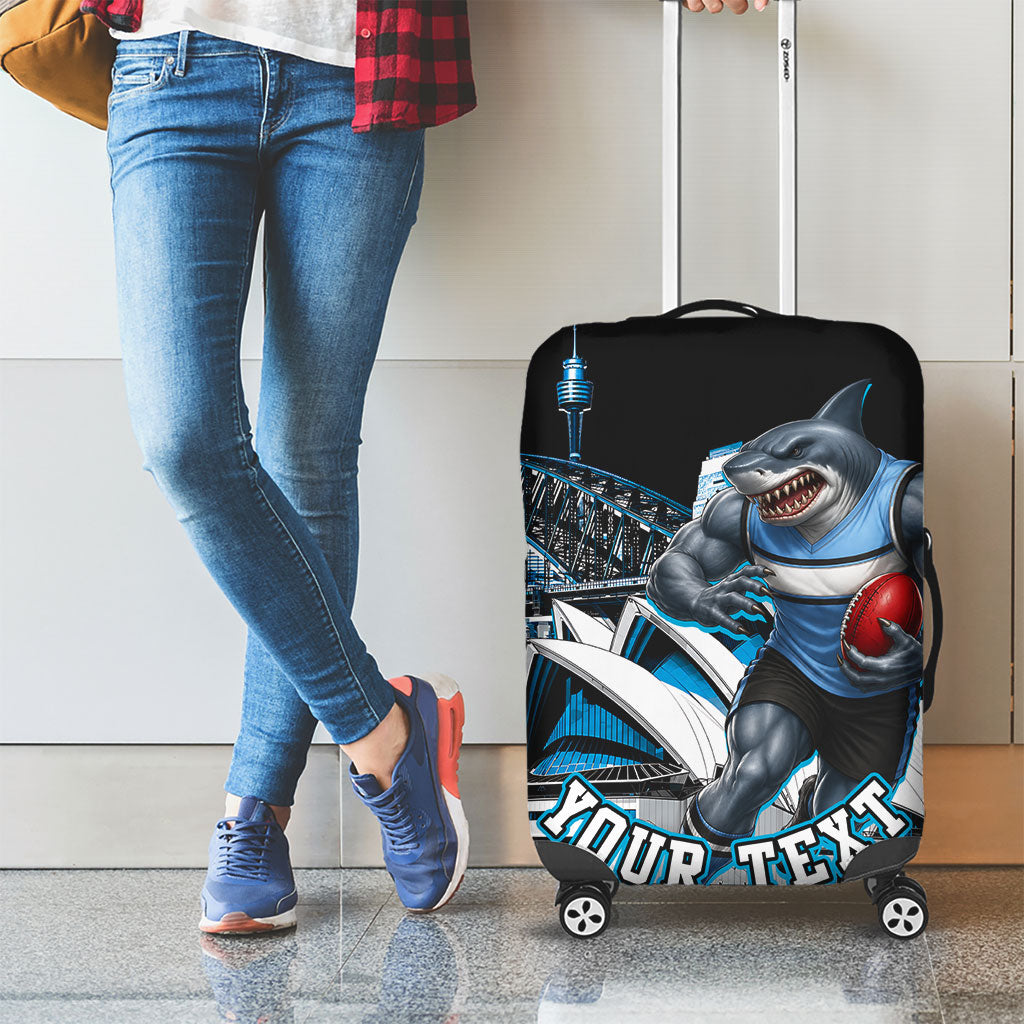 Personalised Sydney Sharks Rugby Luggage Cover Muscular Mascot Harbour Bridge Skyline Graphic