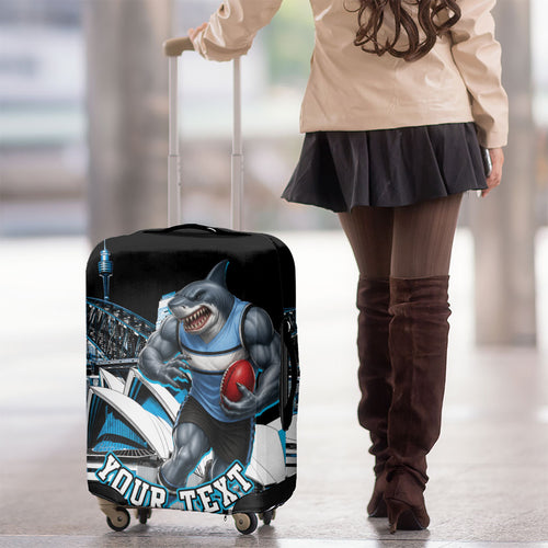 Personalised Sydney Sharks Rugby Luggage Cover Muscular Mascot Harbour Bridge Skyline Graphic