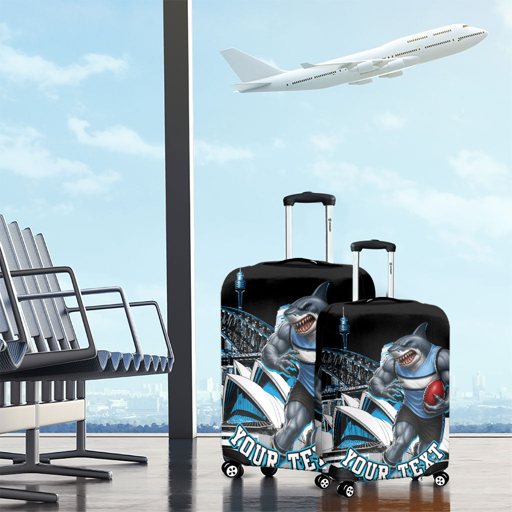 Personalised Sydney Sharks Rugby Luggage Cover Muscular Mascot Harbour Bridge Skyline Graphic
