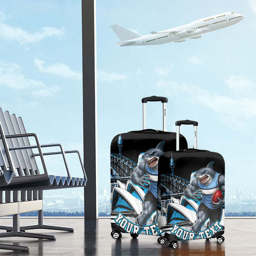 Personalised Sydney Sharks Rugby Luggage Cover Muscular Mascot Harbour Bridge Skyline Graphic