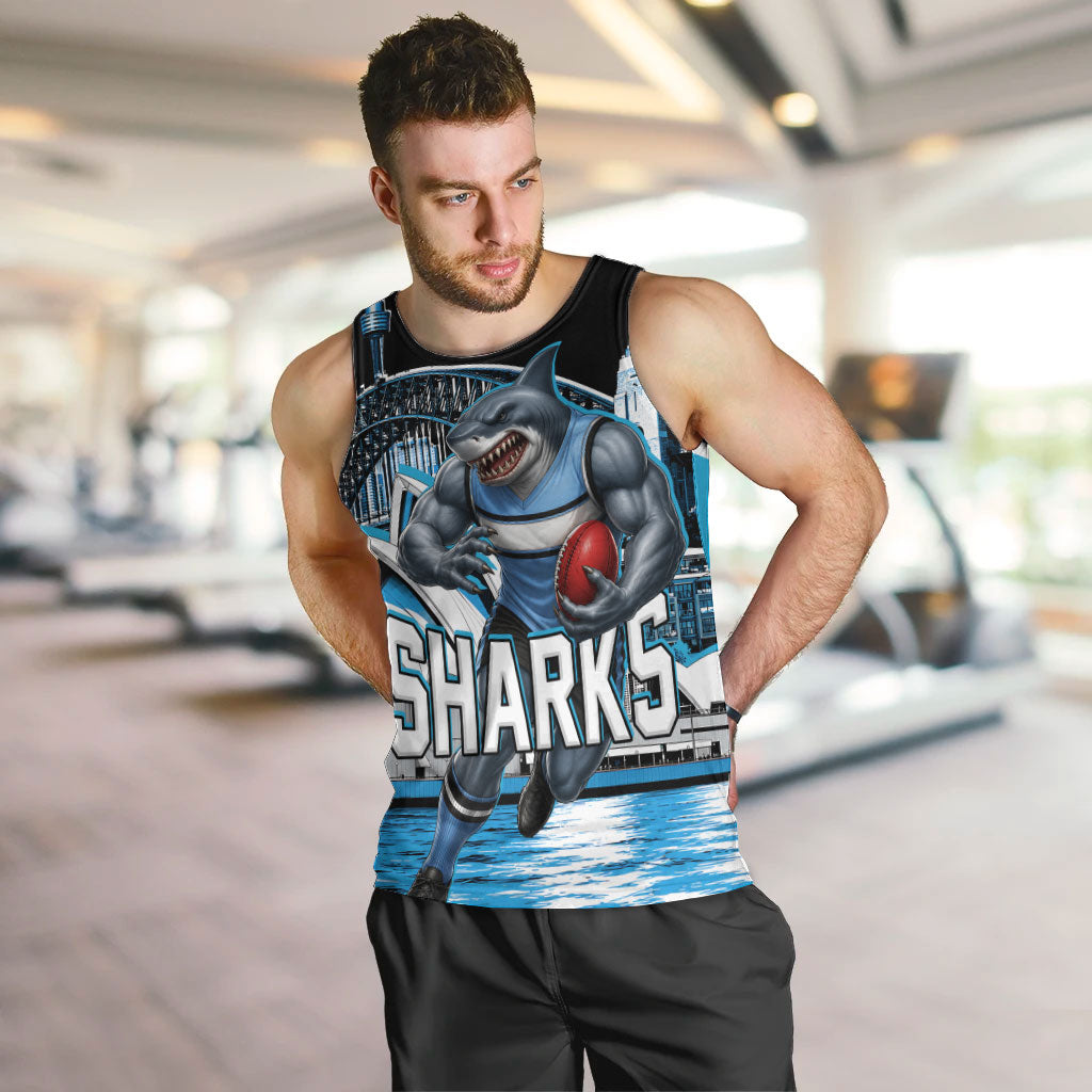 Personalised Sydney Sharks Rugby Men Tank Top Muscular Mascot Harbour Bridge Skyline Graphic