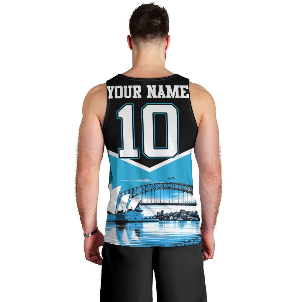 Personalised Sydney Sharks Rugby Men Tank Top Muscular Mascot Harbour Bridge Skyline Graphic