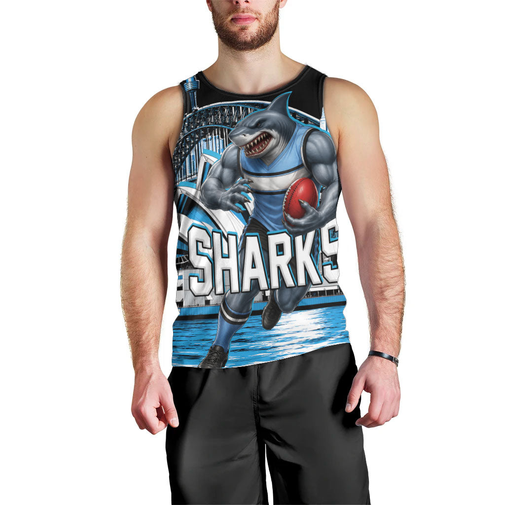 Personalised Sydney Sharks Rugby Men Tank Top Muscular Mascot Harbour Bridge Skyline Graphic