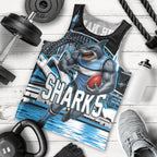 Personalised Sydney Sharks Rugby Men Tank Top Muscular Mascot Harbour Bridge Skyline Graphic