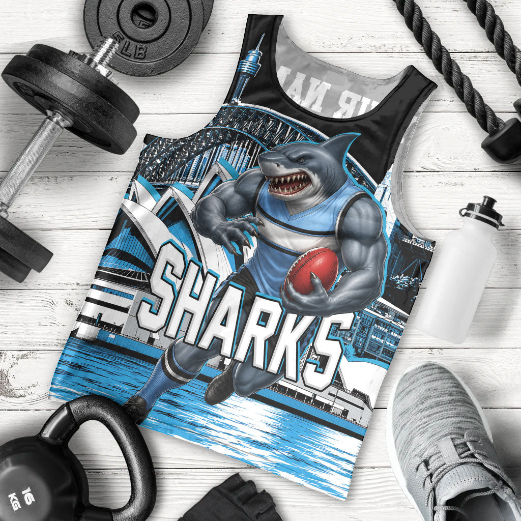 Personalised Sydney Sharks Rugby Men Tank Top Muscular Mascot Harbour Bridge Skyline Graphic
