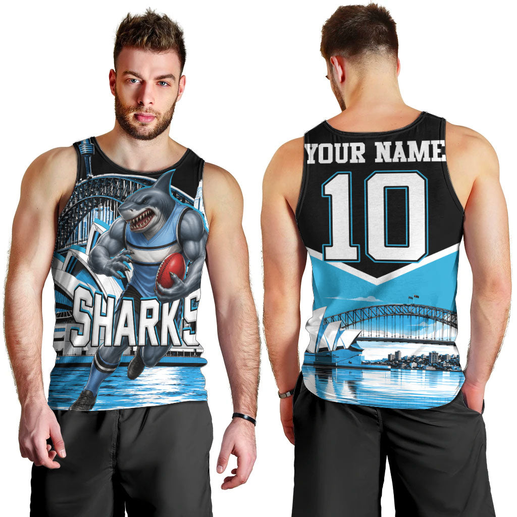 Personalised Sydney Sharks Rugby Men Tank Top Muscular Mascot Harbour Bridge Skyline Graphic
