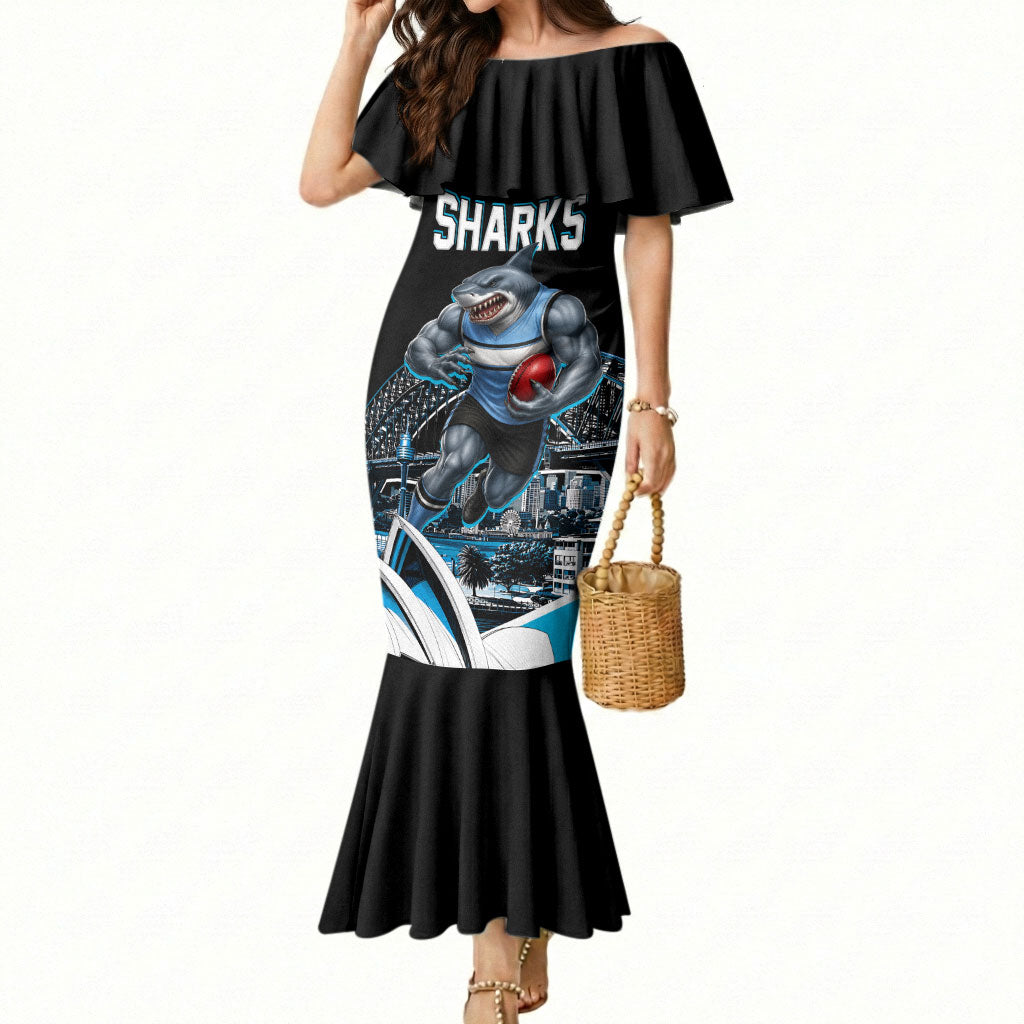 Personalised Sydney Sharks Rugby Mermaid Dress Muscular Mascot Harbour Bridge Skyline Graphic