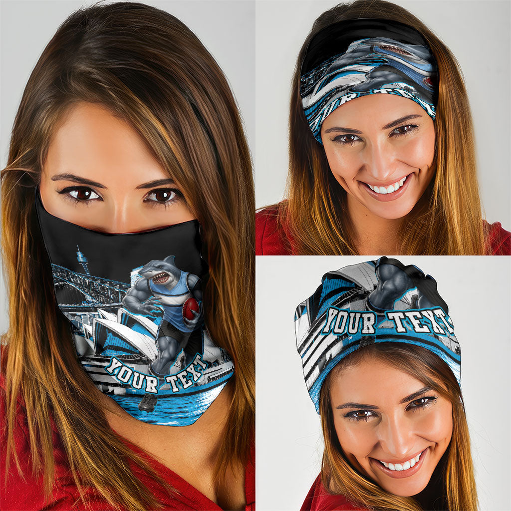 Personalised Sydney Sharks Rugby Neck Gaiter Muscular Mascot Harbour Bridge Skyline Graphic