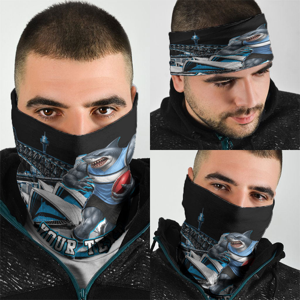 Personalised Sydney Sharks Rugby Neck Gaiter Muscular Mascot Harbour Bridge Skyline Graphic