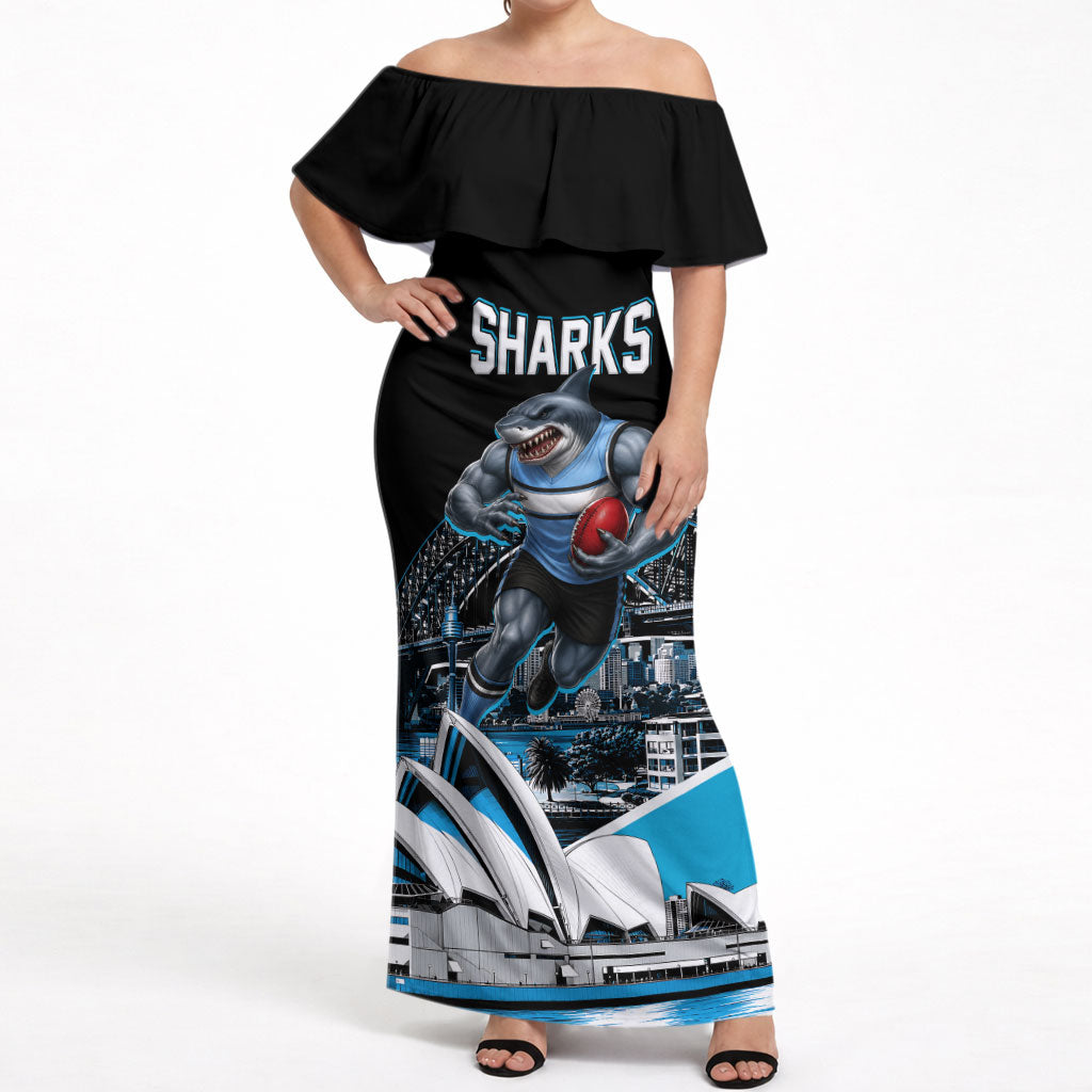 Personalised Sydney Sharks Rugby Off Shoulder Maxi Dress Muscular Mascot Harbour Bridge Skyline Graphic