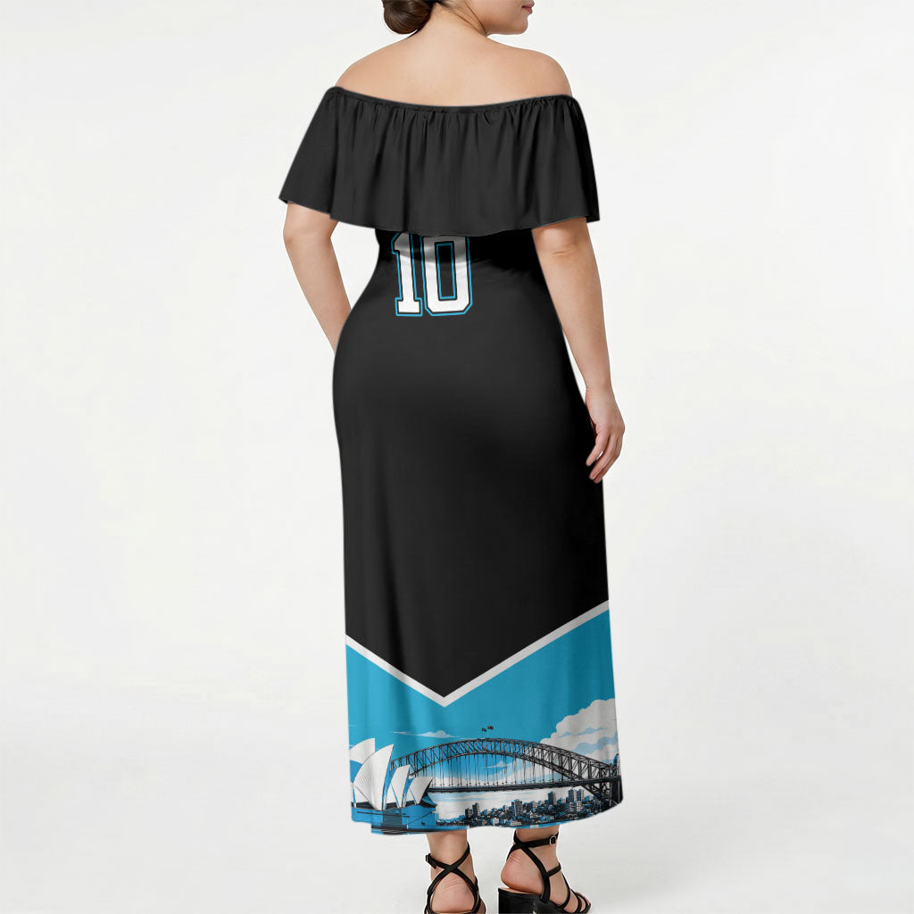 Personalised Sydney Sharks Rugby Off Shoulder Maxi Dress Muscular Mascot Harbour Bridge Skyline Graphic