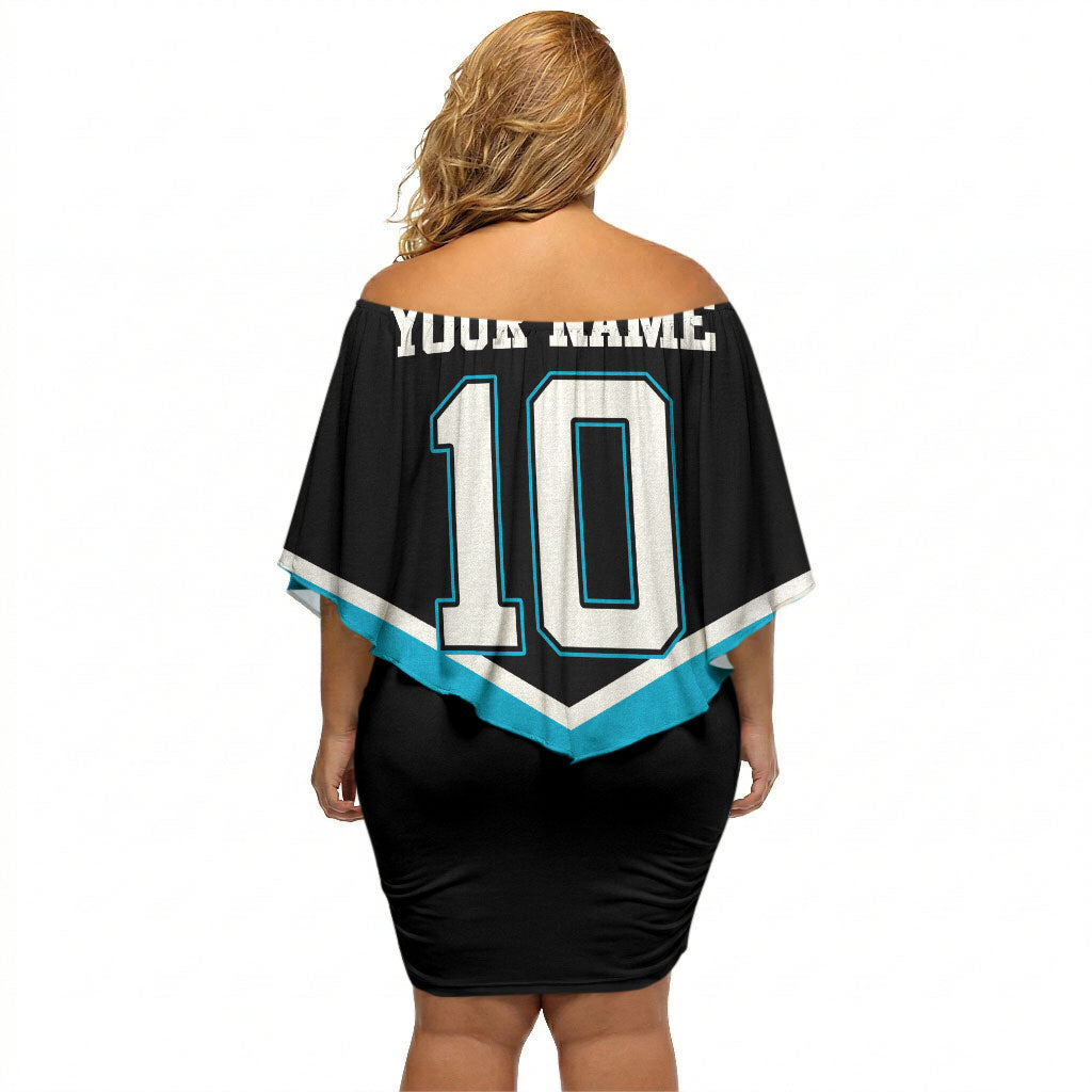Personalised Sydney Sharks Rugby Off Shoulder Short Dress Muscular Mascot Harbour Bridge Skyline Graphic