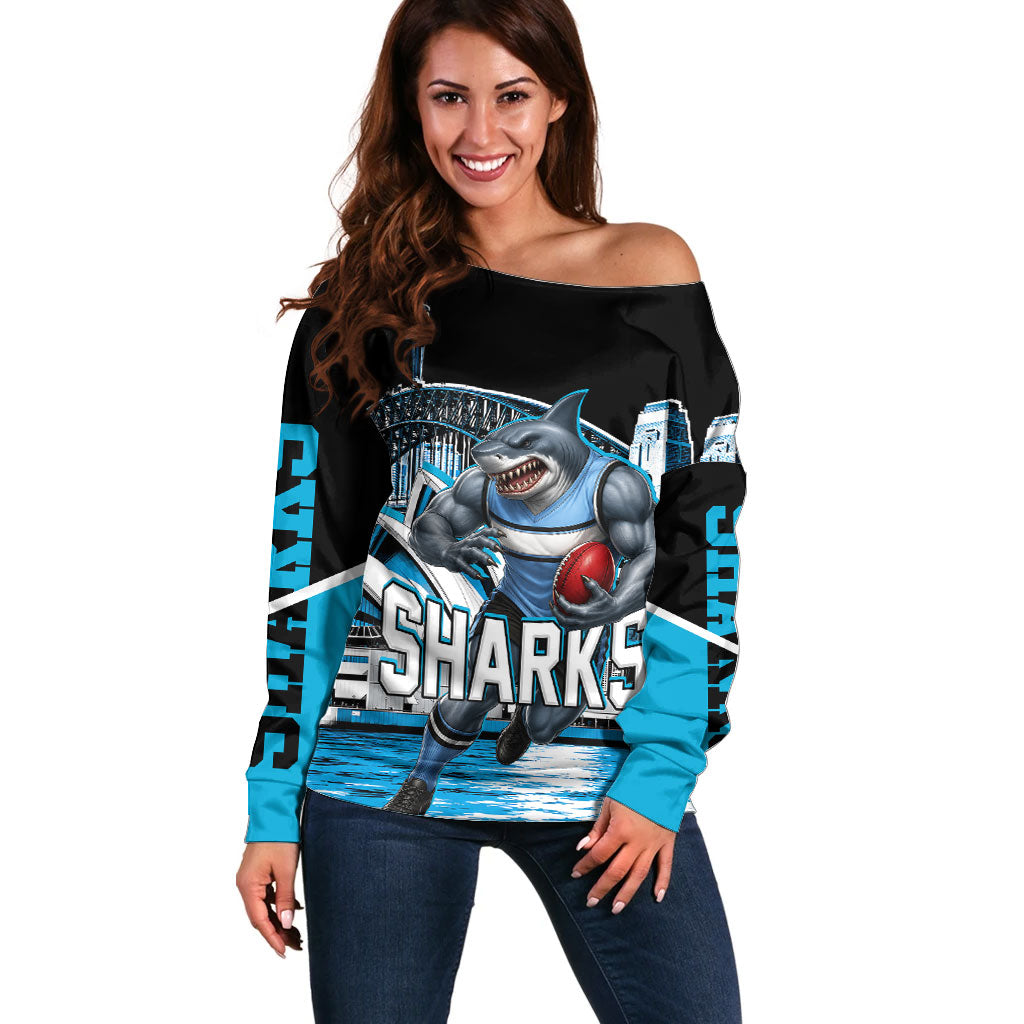 Personalised Sydney Sharks Rugby Off Shoulder Sweater Muscular Mascot Harbour Bridge Skyline Graphic