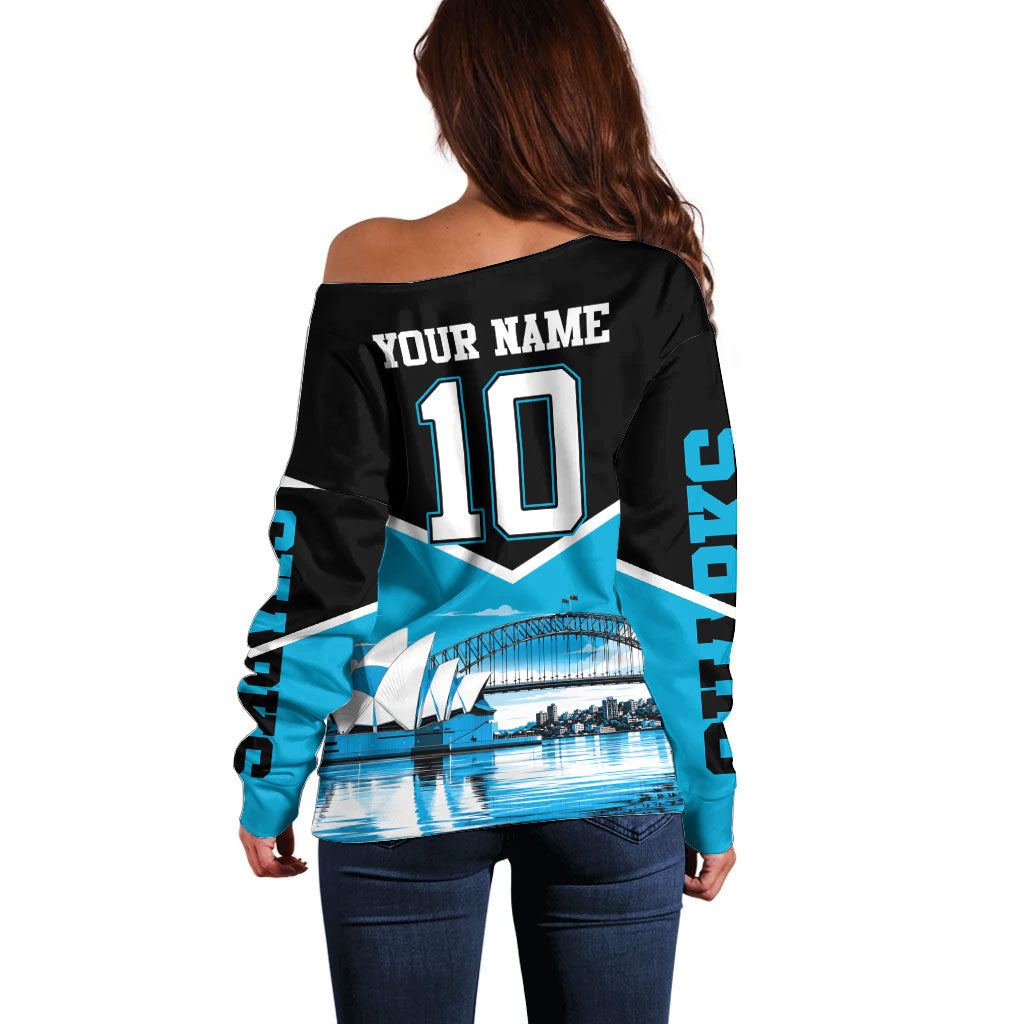 Personalised Sydney Sharks Rugby Off Shoulder Sweater Muscular Mascot Harbour Bridge Skyline Graphic