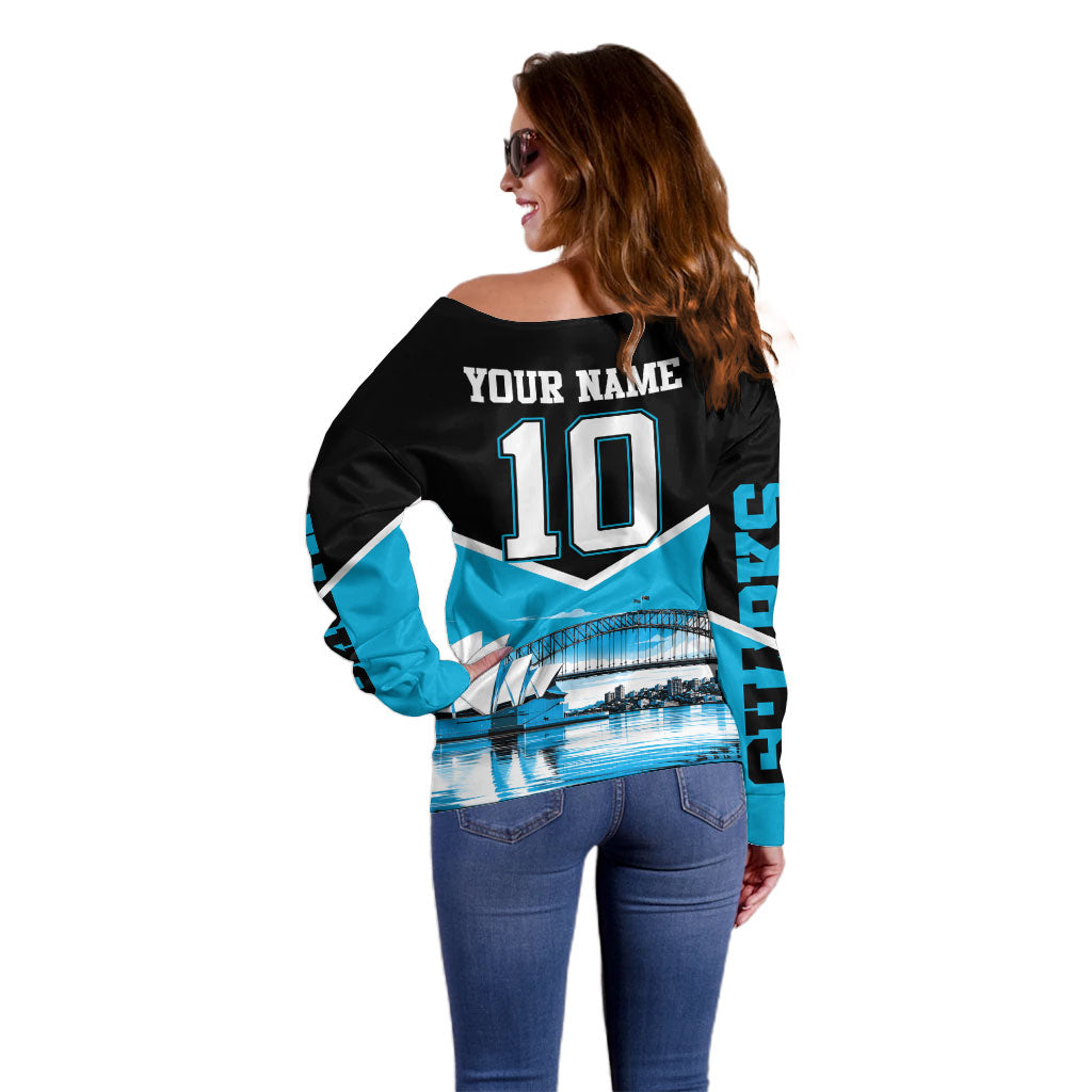 Personalised Sydney Sharks Rugby Off Shoulder Sweater Muscular Mascot Harbour Bridge Skyline Graphic
