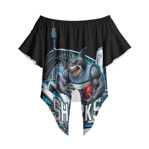 Personalised Sydney Sharks Rugby Off Shoulder Wrap Waist Top Muscular Mascot Harbour Bridge Skyline Graphic