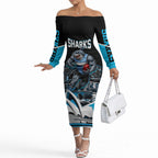 Personalised Sydney Sharks Rugby Off The Shoulder Long Sleeve Dress Muscular Mascot Harbour Bridge Skyline Graphic