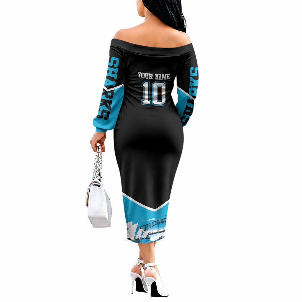 Personalised Sydney Sharks Rugby Off The Shoulder Long Sleeve Dress Muscular Mascot Harbour Bridge Skyline Graphic