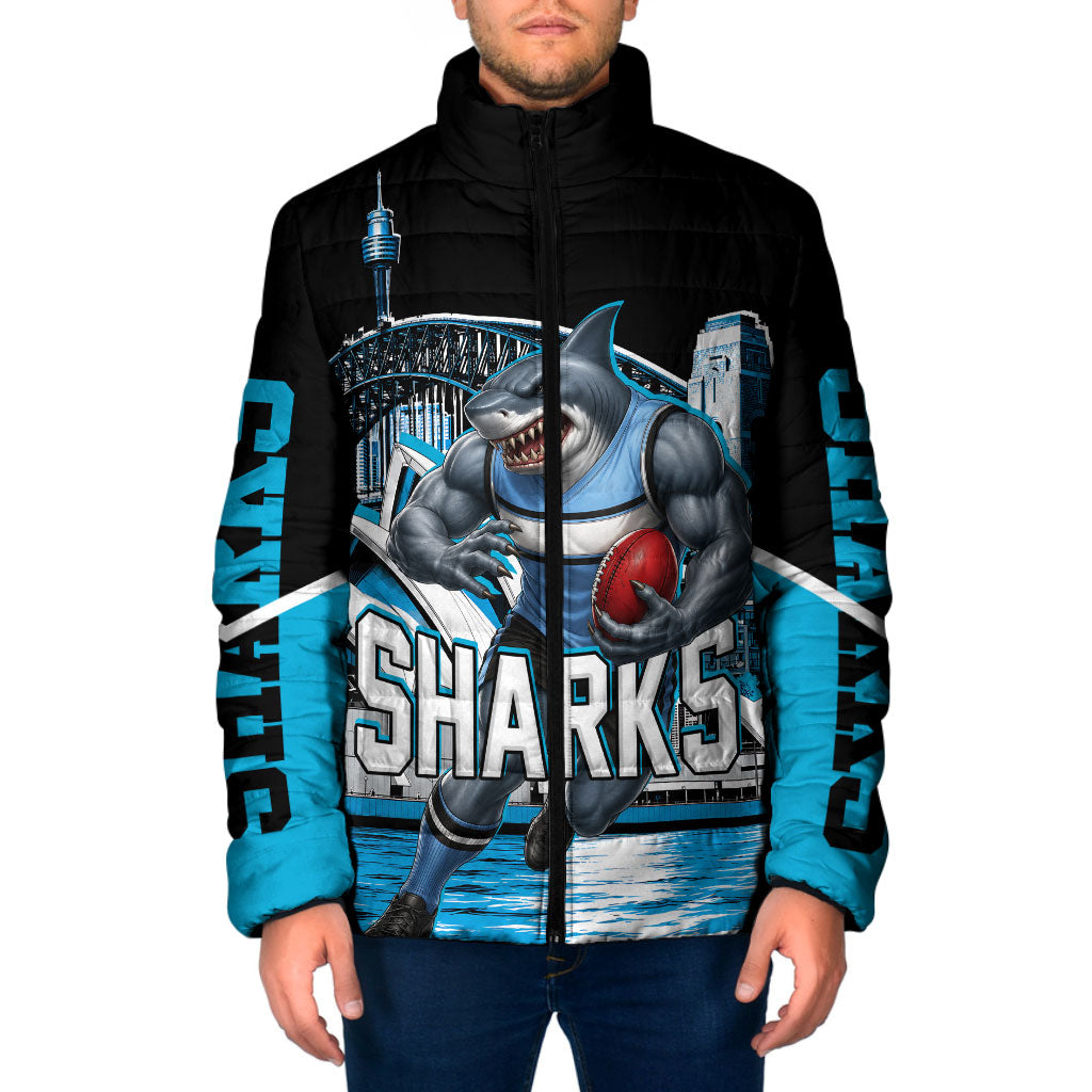 Personalised Sydney Sharks Rugby Padded Jacket Muscular Mascot Harbour Bridge Skyline Graphic