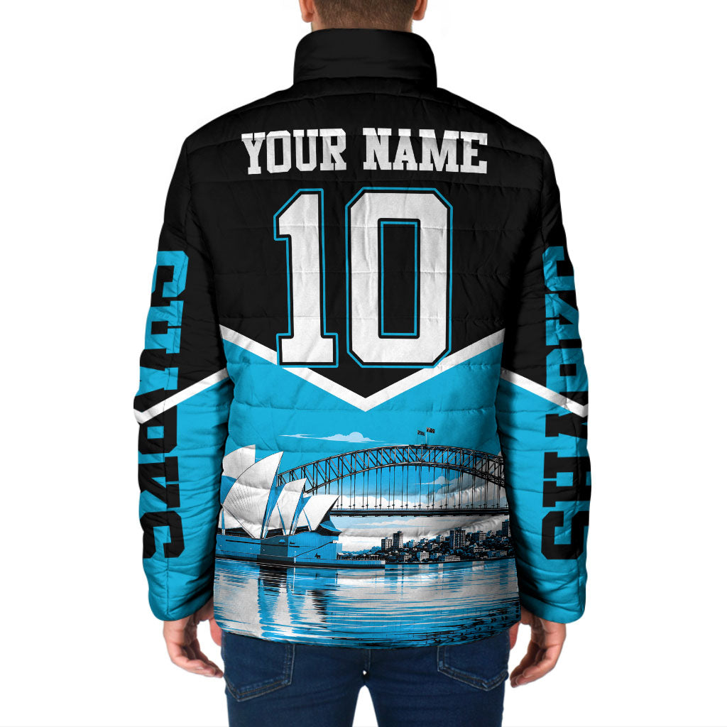 Personalised Sydney Sharks Rugby Padded Jacket Muscular Mascot Harbour Bridge Skyline Graphic