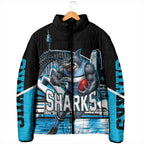 Personalised Sydney Sharks Rugby Padded Jacket Muscular Mascot Harbour Bridge Skyline Graphic