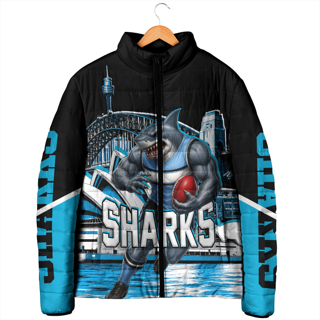 Personalised Sydney Sharks Rugby Padded Jacket Muscular Mascot Harbour Bridge Skyline Graphic