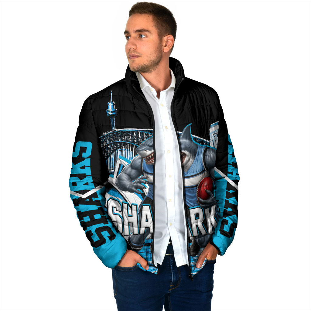 Personalised Sydney Sharks Rugby Padded Jacket Muscular Mascot Harbour Bridge Skyline Graphic