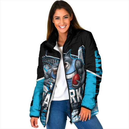 Personalised Sydney Sharks Rugby Padded Jacket Muscular Mascot Harbour Bridge Skyline Graphic