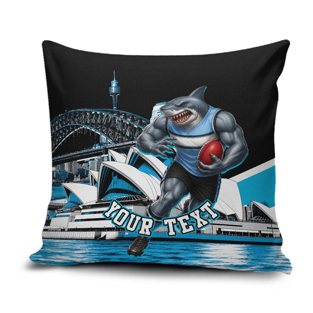 Personalised Sydney Sharks Rugby Pillow Cover Muscular Mascot Harbour Bridge Skyline Graphic