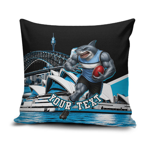 Personalised Sydney Sharks Rugby Pillow Cover Muscular Mascot Harbour Bridge Skyline Graphic