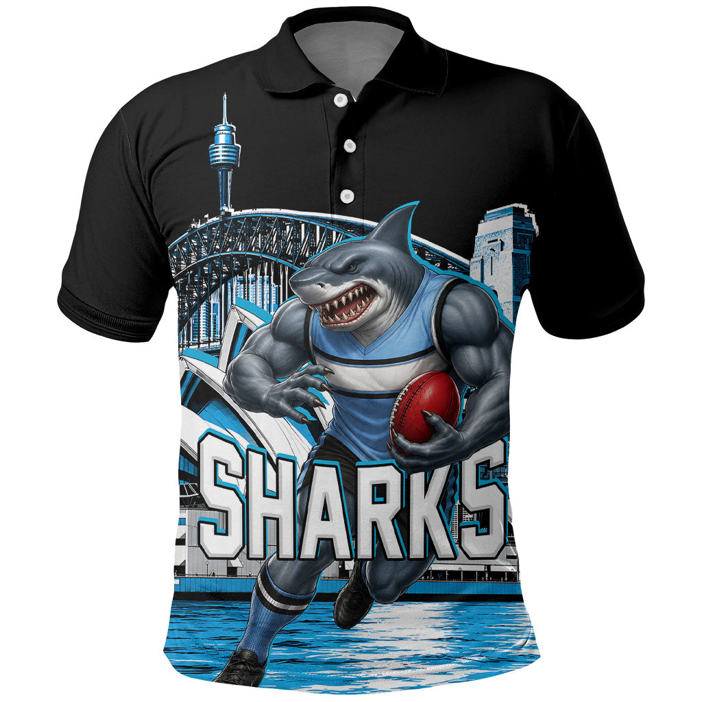 Personalised Sydney Sharks Rugby Polo Shirt Muscular Mascot Harbour Bridge Skyline Graphic