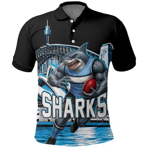 Personalised Sydney Sharks Rugby Polo Shirt Muscular Mascot Harbour Bridge Skyline Graphic