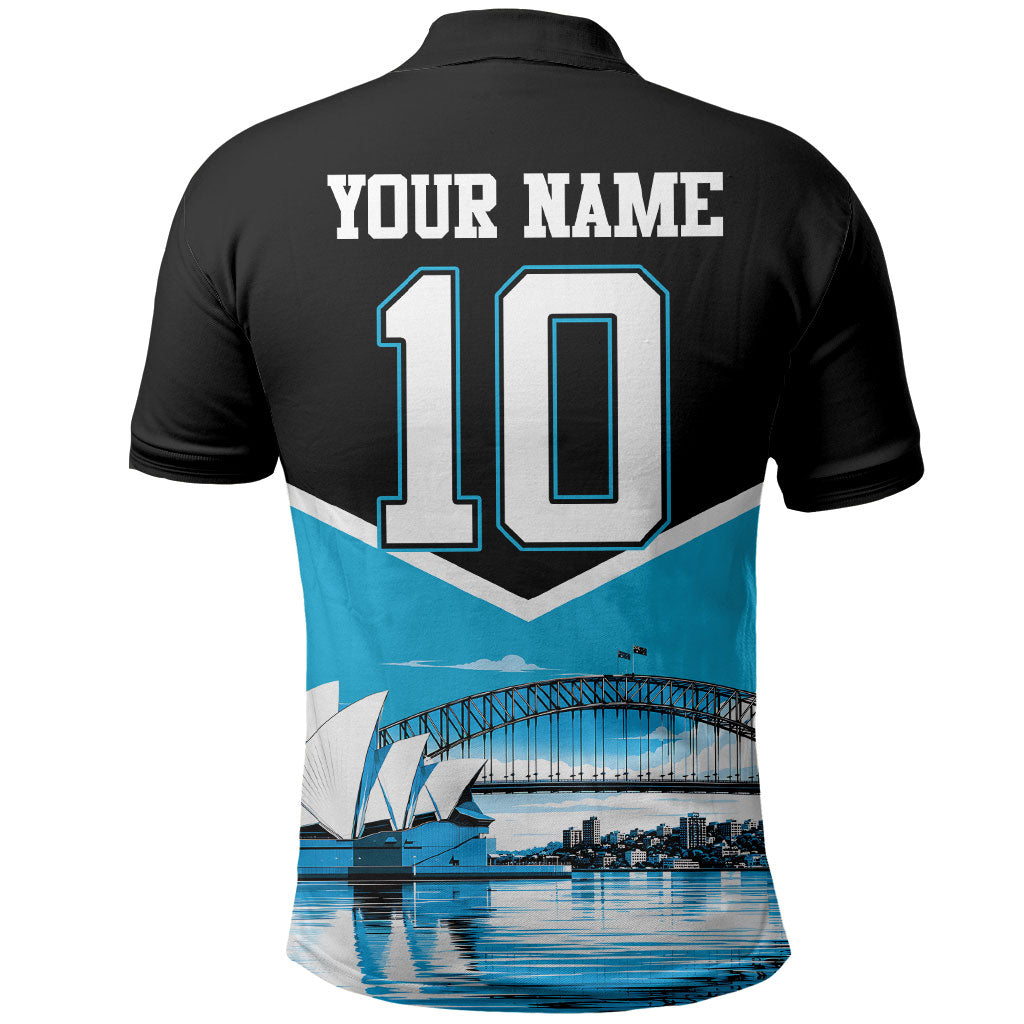 Personalised Sydney Sharks Rugby Polo Shirt Muscular Mascot Harbour Bridge Skyline Graphic