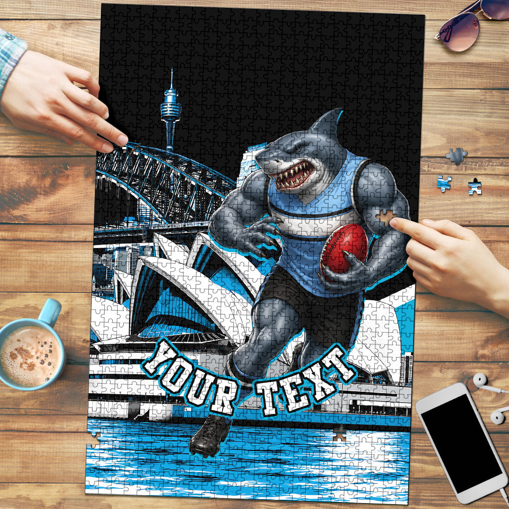 Personalised Sydney Sharks Rugby Puzzle Muscular Mascot Harbour Bridge Skyline Graphic