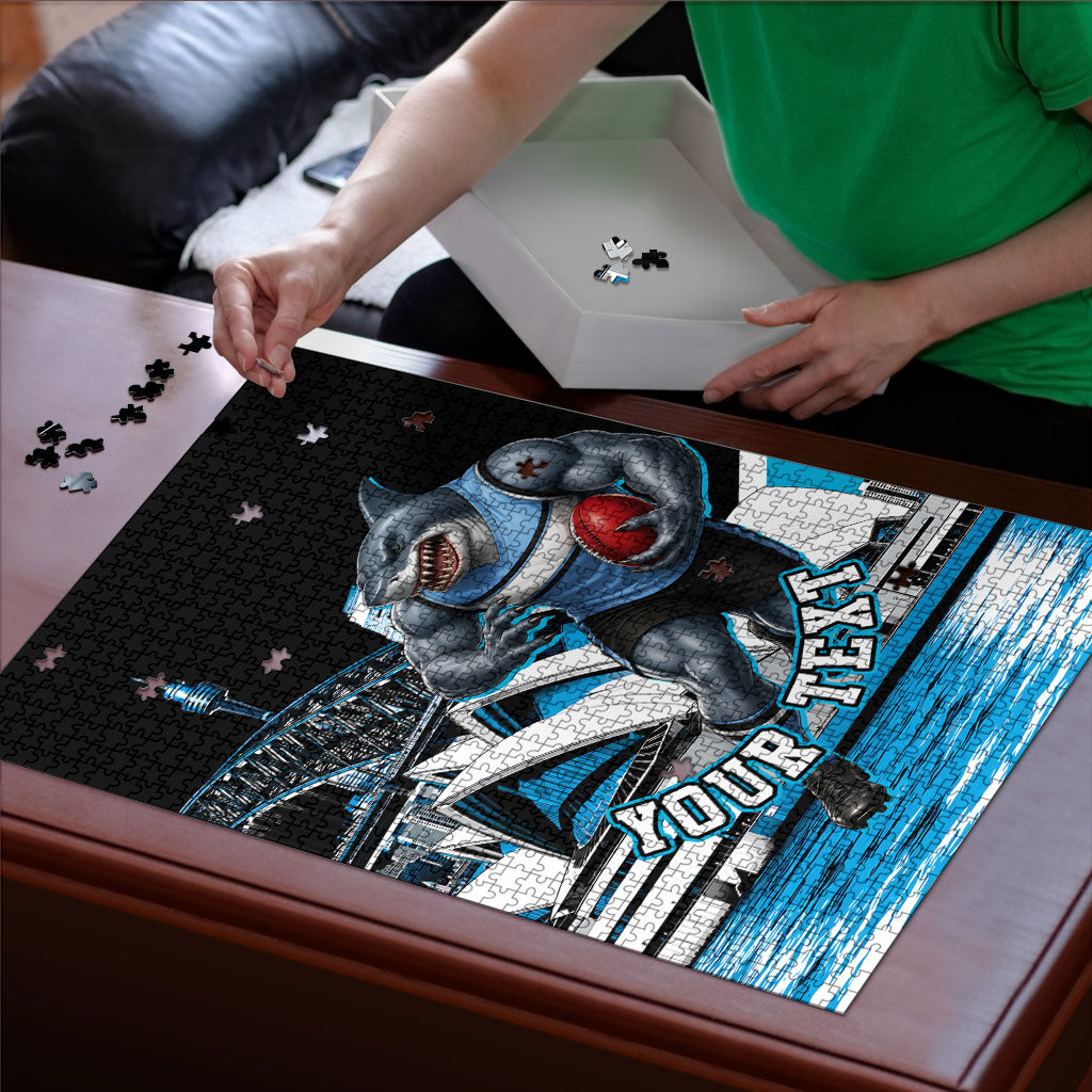 Personalised Sydney Sharks Rugby Puzzle Muscular Mascot Harbour Bridge Skyline Graphic