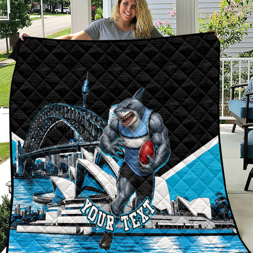 Personalised Sydney Sharks Rugby Quilt Muscular Mascot Harbour Bridge Skyline Graphic