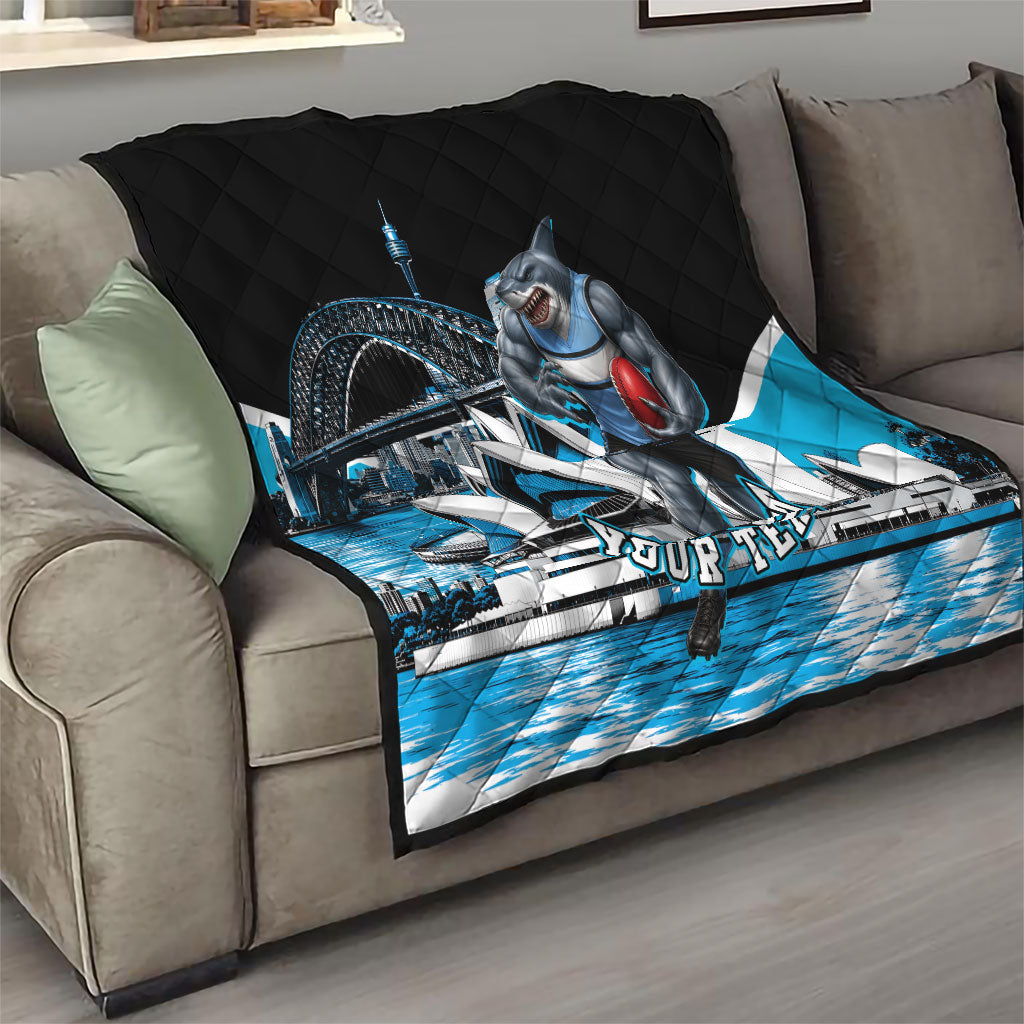 Personalised Sydney Sharks Rugby Quilt Muscular Mascot Harbour Bridge Skyline Graphic