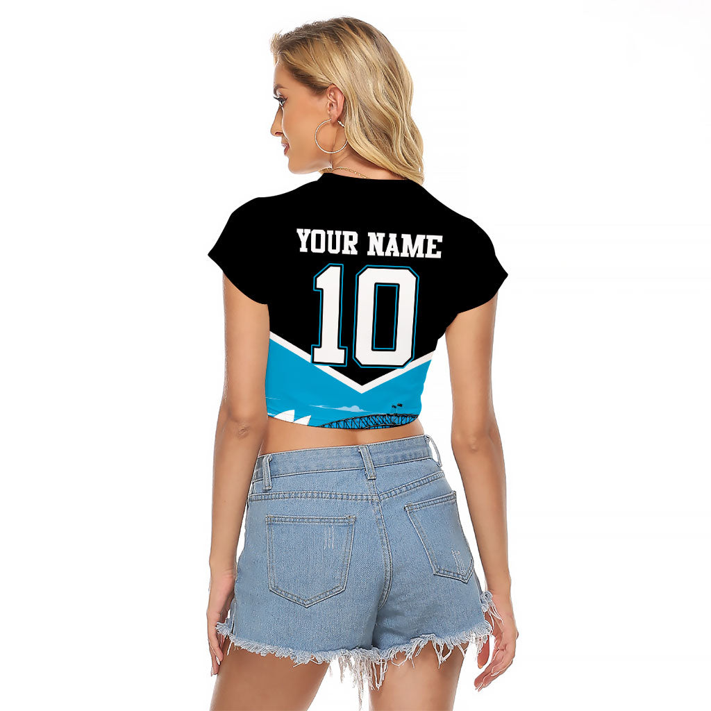 Personalised Sydney Sharks Rugby Raglan Cropped T Shirt Muscular Mascot Harbour Bridge Skyline Graphic