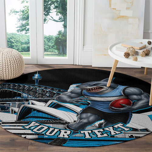 Personalised Sydney Sharks Rugby Round Carpet Muscular Mascot Harbour Bridge Skyline Graphic
