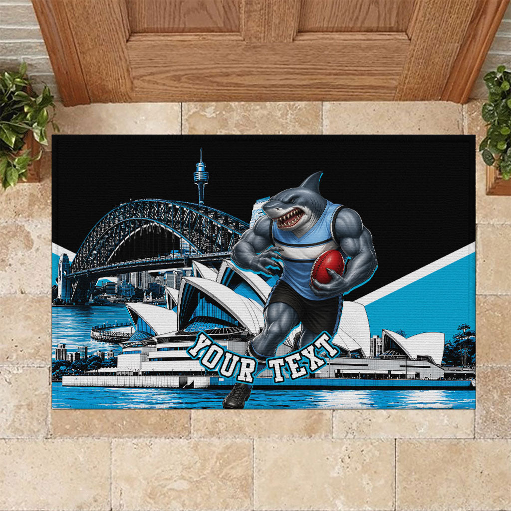 Personalised Sydney Sharks Rugby Rubber Doormat Muscular Mascot Harbour Bridge Skyline Graphic