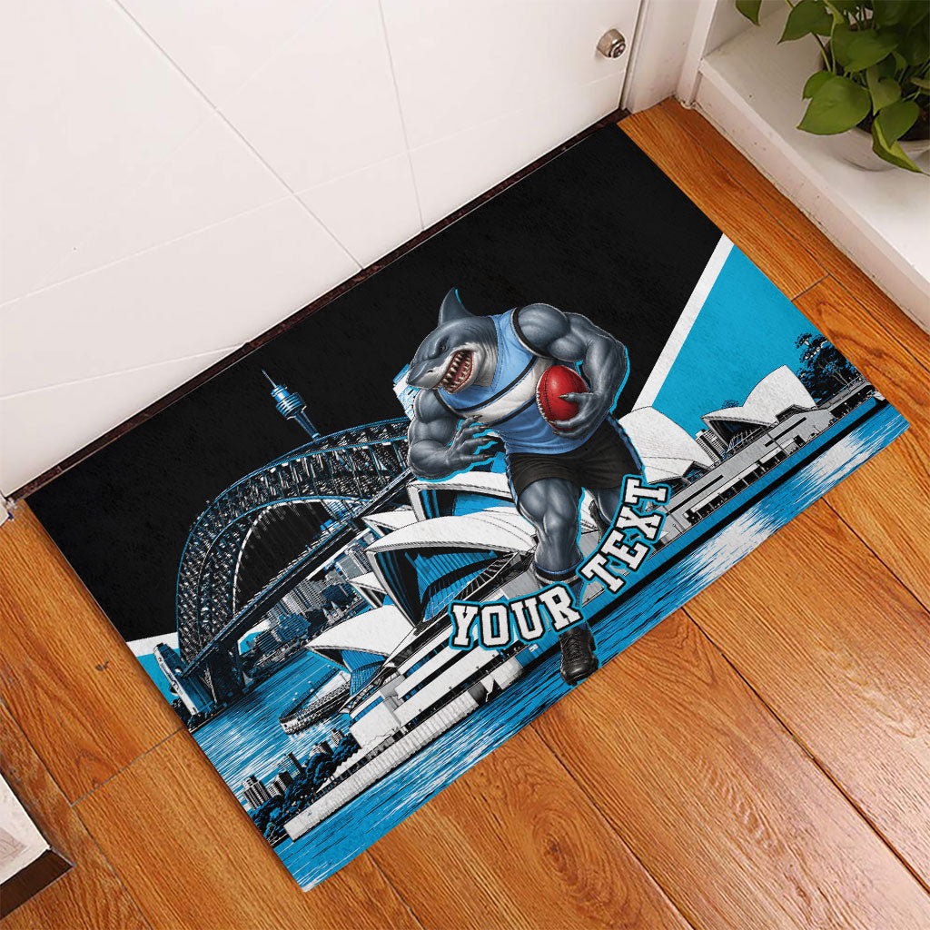 Personalised Sydney Sharks Rugby Rubber Doormat Muscular Mascot Harbour Bridge Skyline Graphic