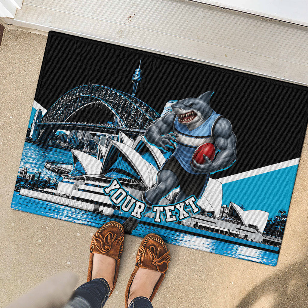 Personalised Sydney Sharks Rugby Rubber Doormat Muscular Mascot Harbour Bridge Skyline Graphic
