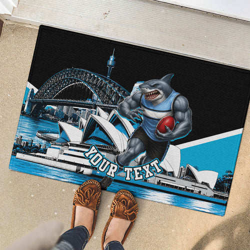 Personalised Sydney Sharks Rugby Rubber Doormat Muscular Mascot Harbour Bridge Skyline Graphic