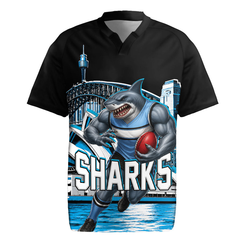 Personalised Sydney Sharks Rugby Rugby Jersey Muscular Mascot Harbour Bridge Skyline Graphic