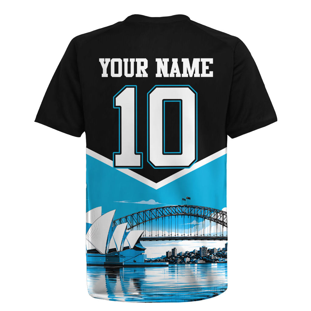 Personalised Sydney Sharks Rugby Rugby Jersey Muscular Mascot Harbour Bridge Skyline Graphic