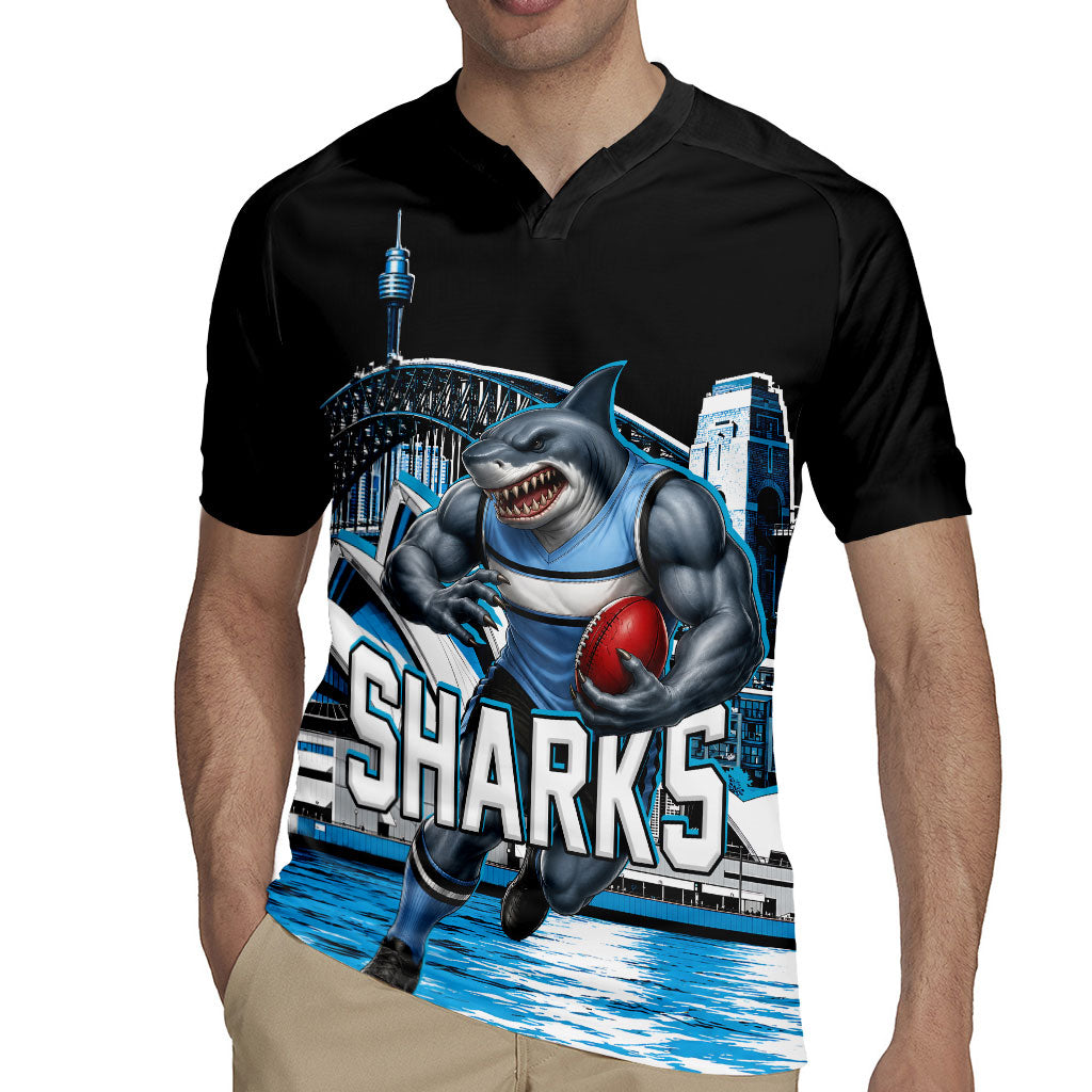 Personalised Sydney Sharks Rugby Rugby Jersey Muscular Mascot Harbour Bridge Skyline Graphic