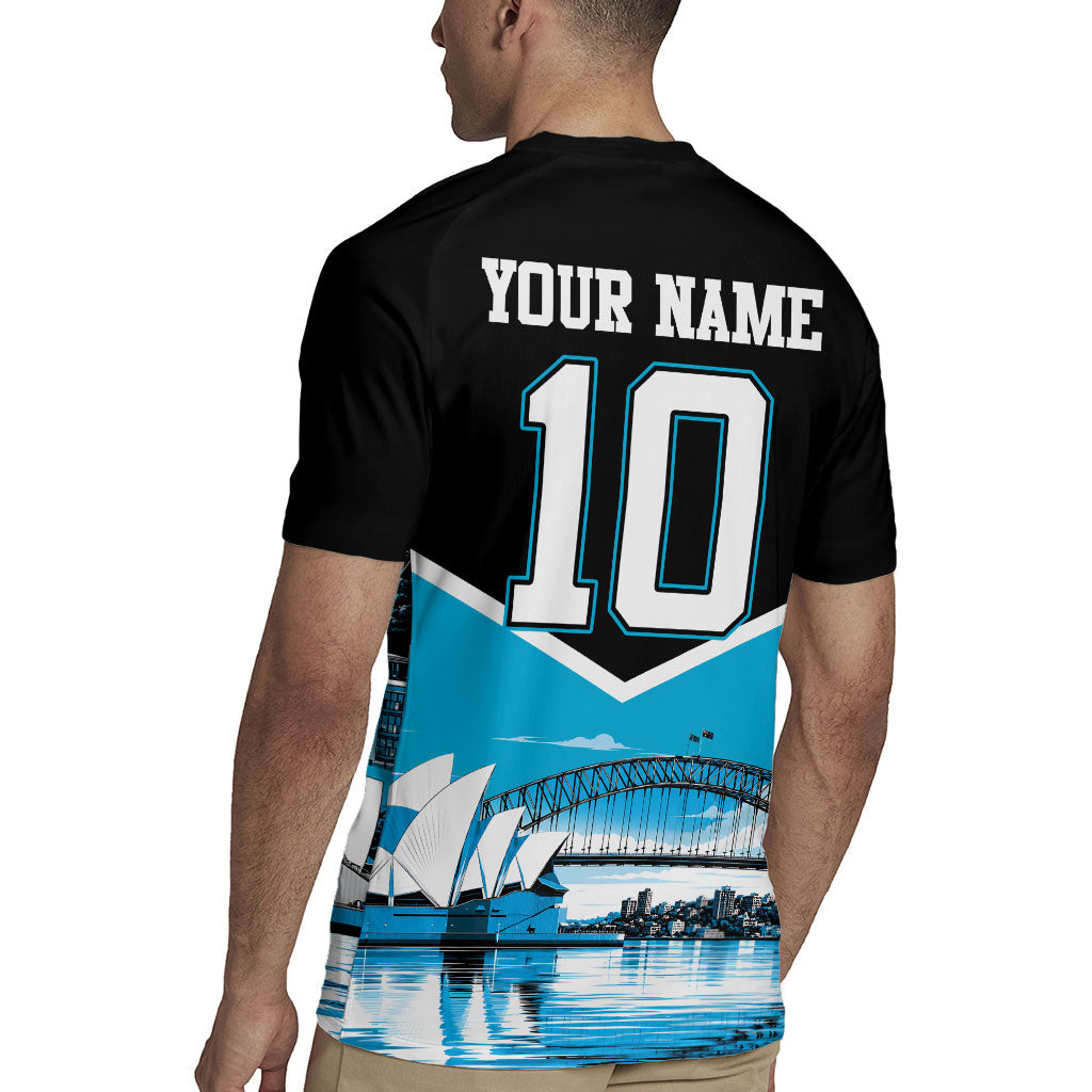 Personalised Sydney Sharks Rugby Rugby Jersey Muscular Mascot Harbour Bridge Skyline Graphic